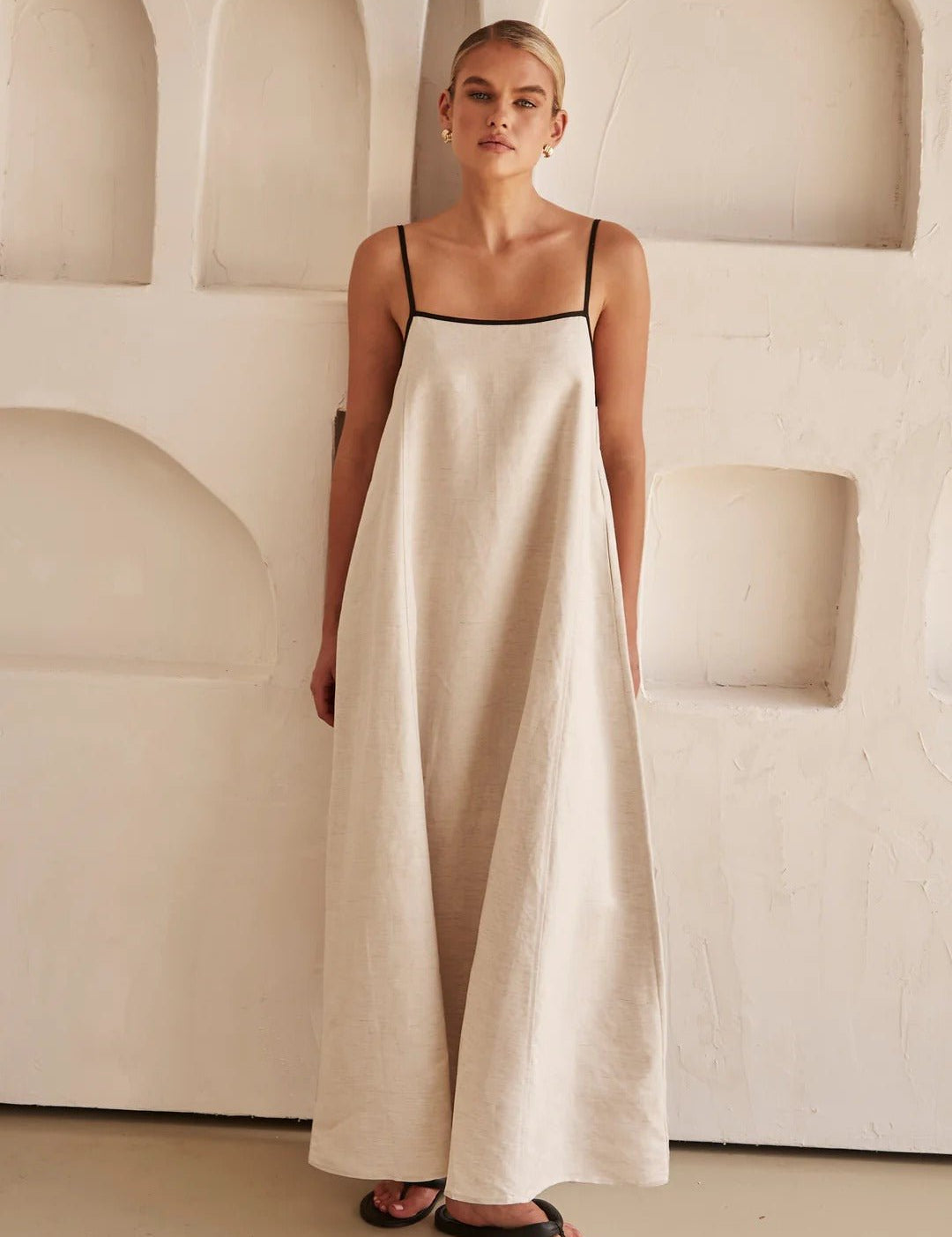 Amelia | Women's Linen Contrast-Trim Adjustable-Strap Maxi Dress 0