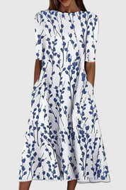 Amelie | Damen Baumwolle A-Linie Blumen Rundhals Midi-Kleid 0