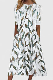 Amelie | Damen Baumwolle A-Linie Blumen Rundhals Midi-Kleid 1