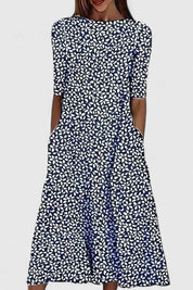 Amelie | Damen Baumwolle A-Linie Blumen Rundhals Midi-Kleid 2