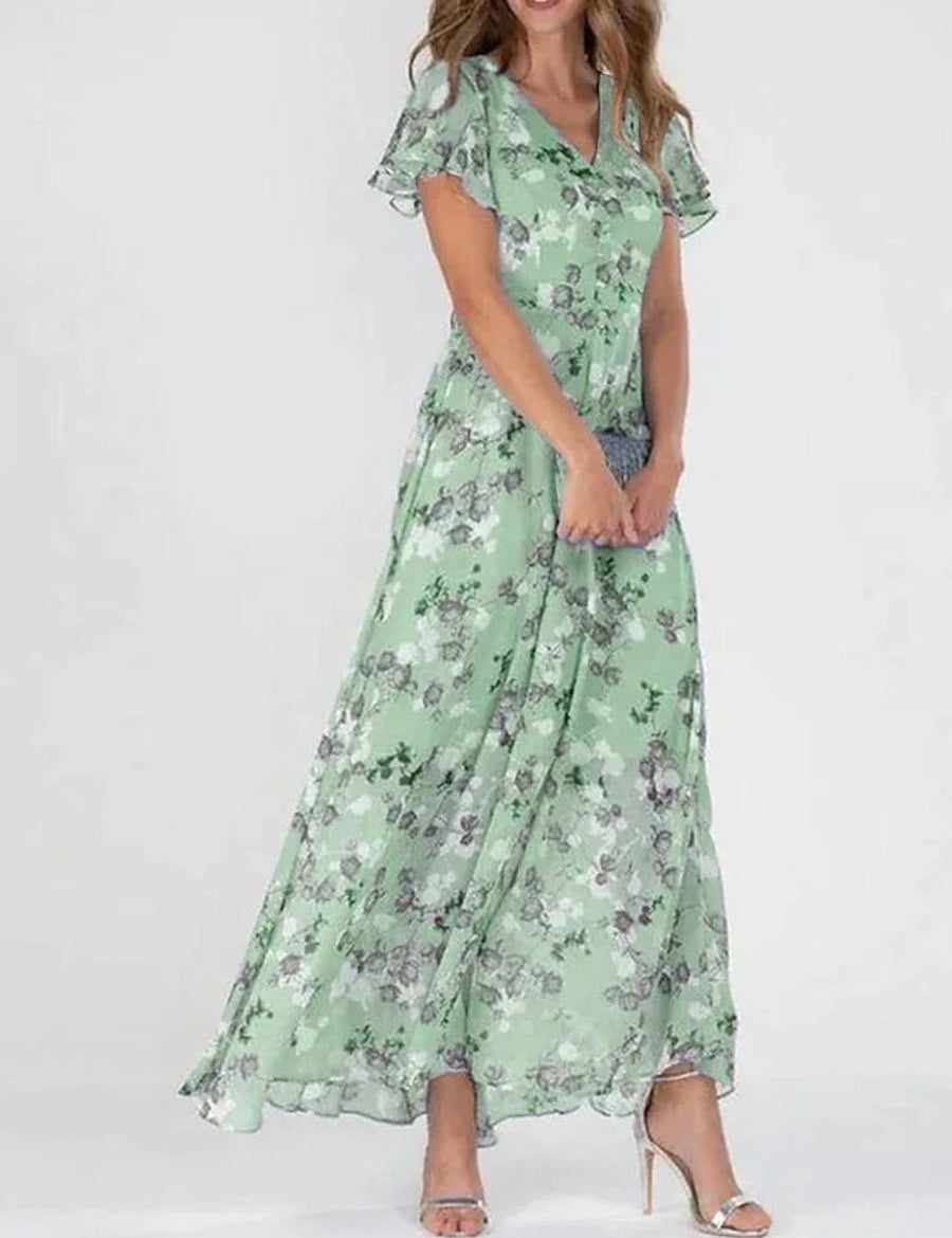 Aria | Women's Floral Flutter-Sleeve V Neck Dress Flowy Maxi 1