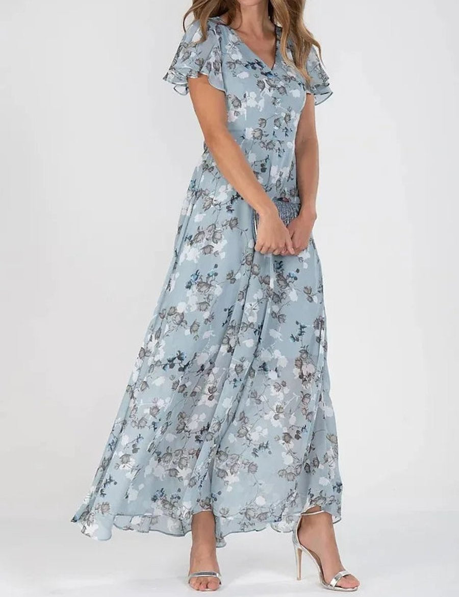 Aria | Women's Floral Flutter-Sleeve V Neck Dress Flowy Maxi 2