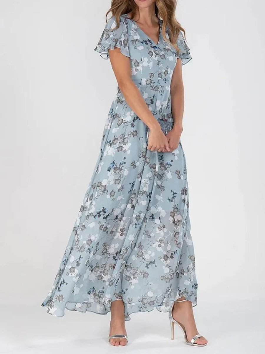 Aria | Women's Floral Flutter-Sleeve V Neck Dress Flowy Maxi 2