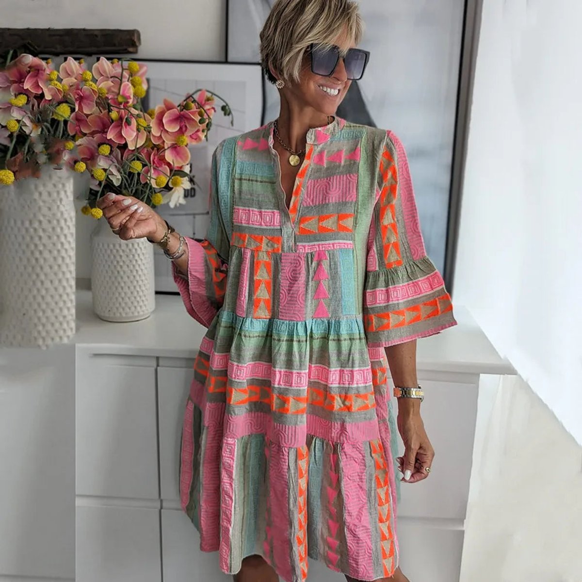 Camila | Women's Boho Geometric Print Tiered V Neck Dress 3/4 Sleeve 0