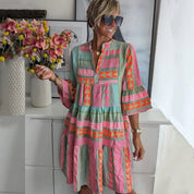 Camila | Women's Boho Geometric Print Tiered V Neck Dress 3/4 Sleeve 0