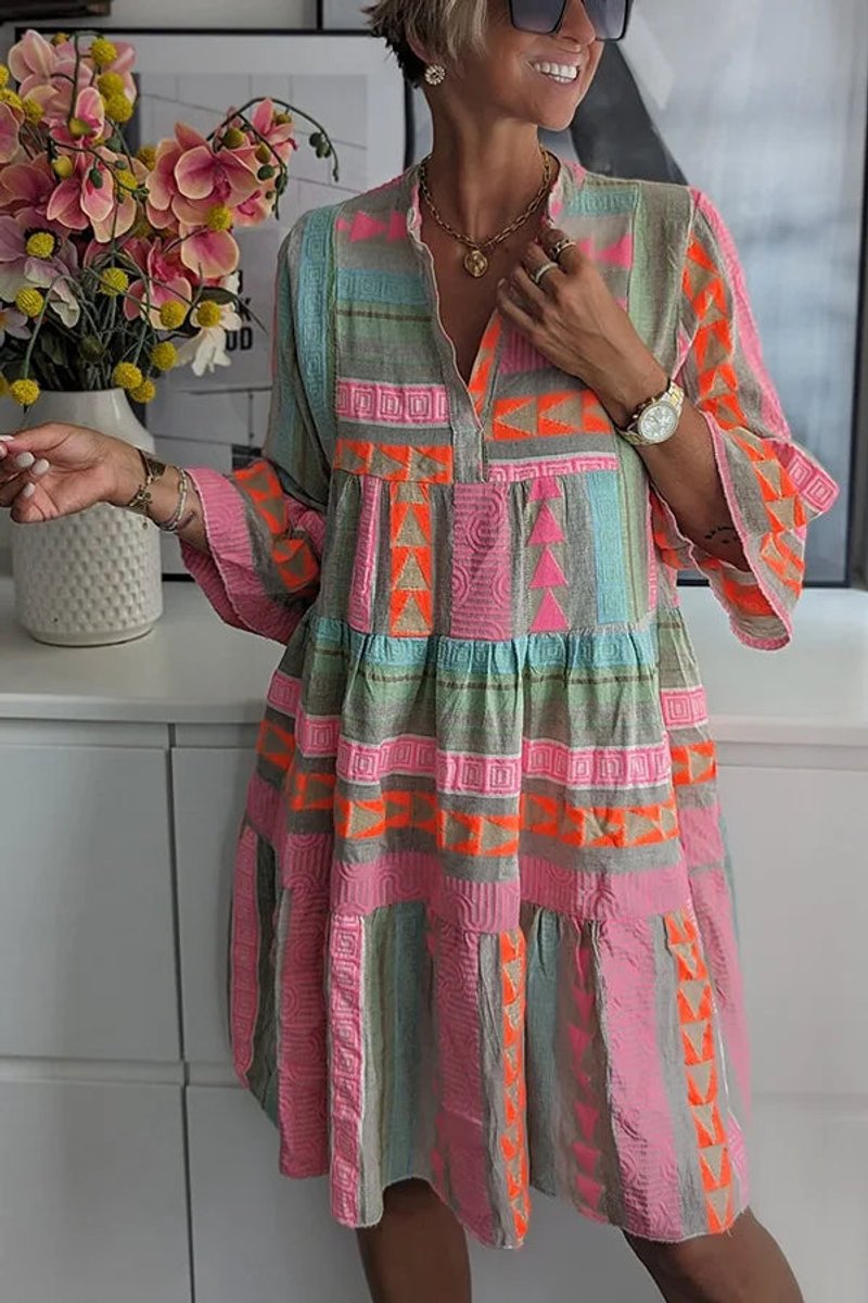 Camila | Women's Boho Geometric Print Tiered V Neck Dress 3/4 Sleeve 2