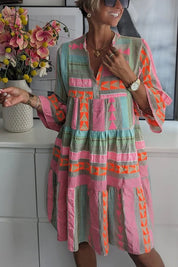 Camila | Women's Boho Geometric Print Tiered V Neck Dress 3/4 Sleeve 2