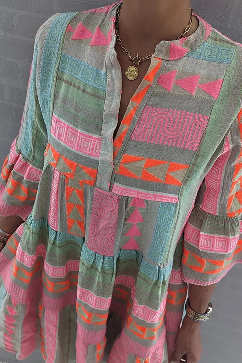 Camila | Women's Boho Geometric Print Tiered V Neck Dress 3/4 Sleeve 3