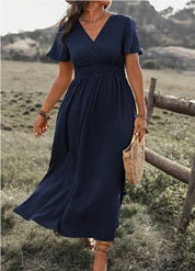 Camila | Women's V-Neck Twisted-Waist Short Sleeve Midi Dress 1