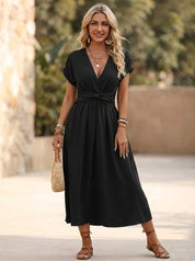 Camila | Women's V-Neck Twisted-Waist Short Sleeve Midi Dress 4