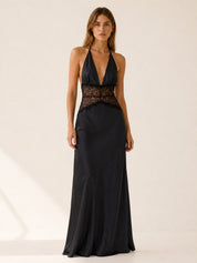 Charlotte | Women's Deep-Plunge Halter-Neck Lace-Waist Backless Maxi Dress 0