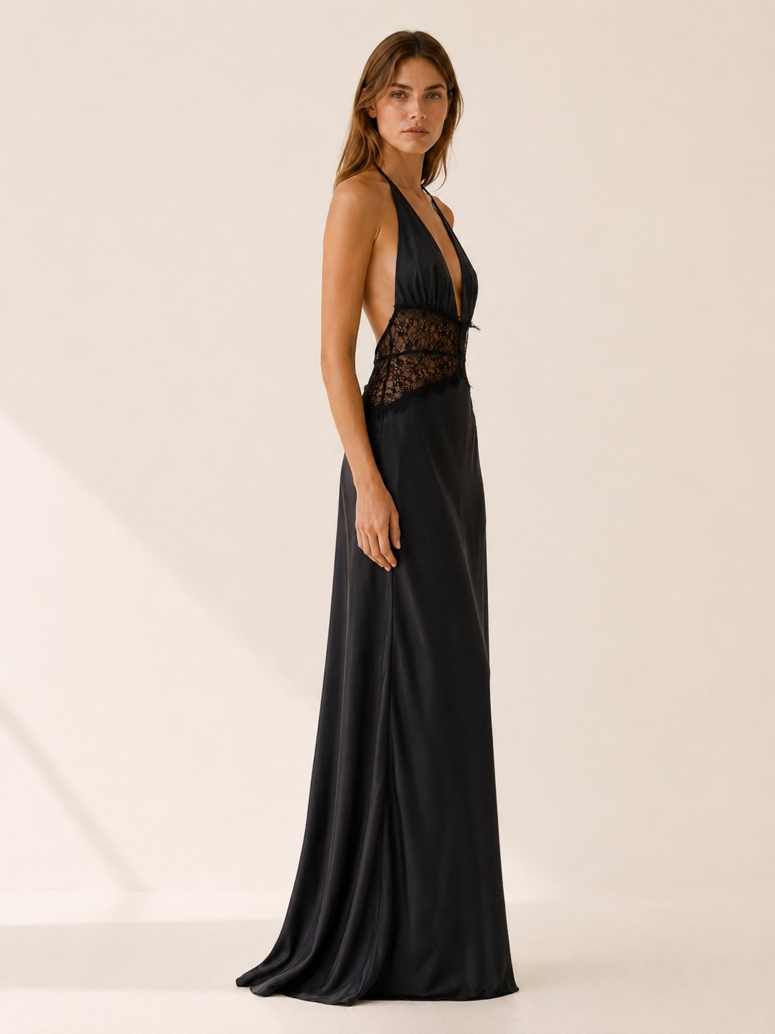 Charlotte | Women's Deep-Plunge Halter-Neck Lace-Waist Backless Maxi Dress 1