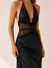 Charlotte | Women's Deep-Plunge Halter-Neck Lace-Waist Backless Maxi Dress 3