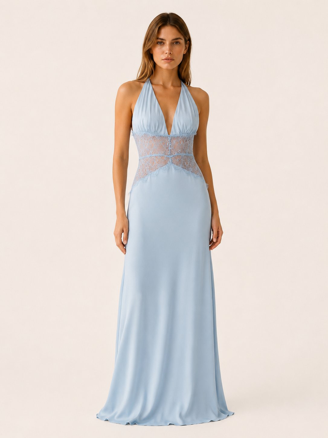 Charlotte | Women's Deep-Plunge Halter-Neck Lace-Waist Backless Maxi Dress 5