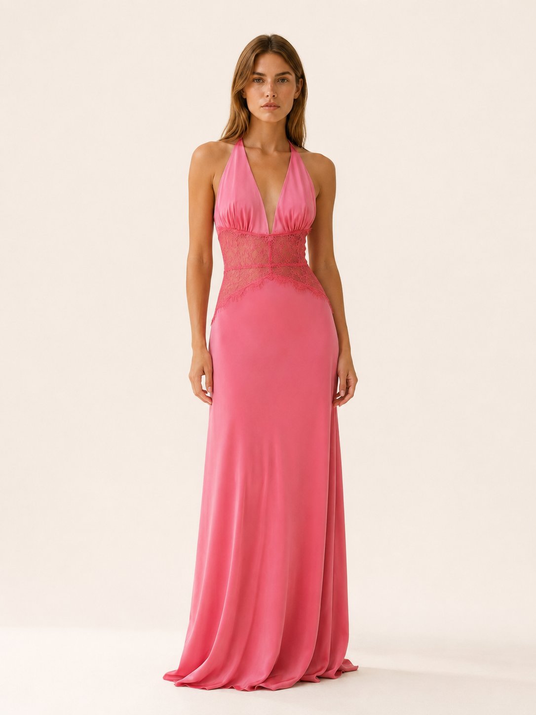 Charlotte | Women's Deep-Plunge Halter-Neck Lace-Waist Backless Maxi Dress 6