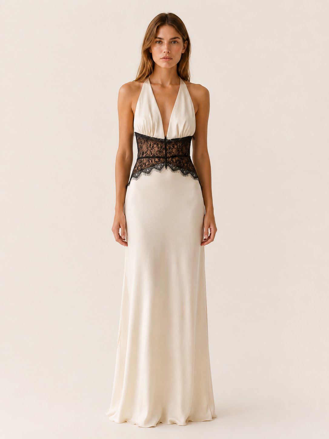 Charlotte | Women's Deep-Plunge Halter-Neck Lace-Waist Backless Maxi Dress 7
