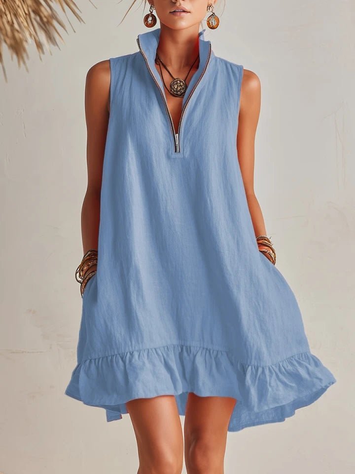 Charlotte | Women's Sleeveless Linen Stand-Collar Zip-Front Ruffle Mini Dress 2