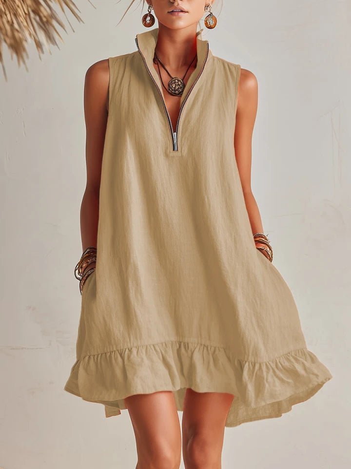 Charlotte | Women's Sleeveless Linen Stand-Collar Zip-Front Ruffle Mini Dress 3