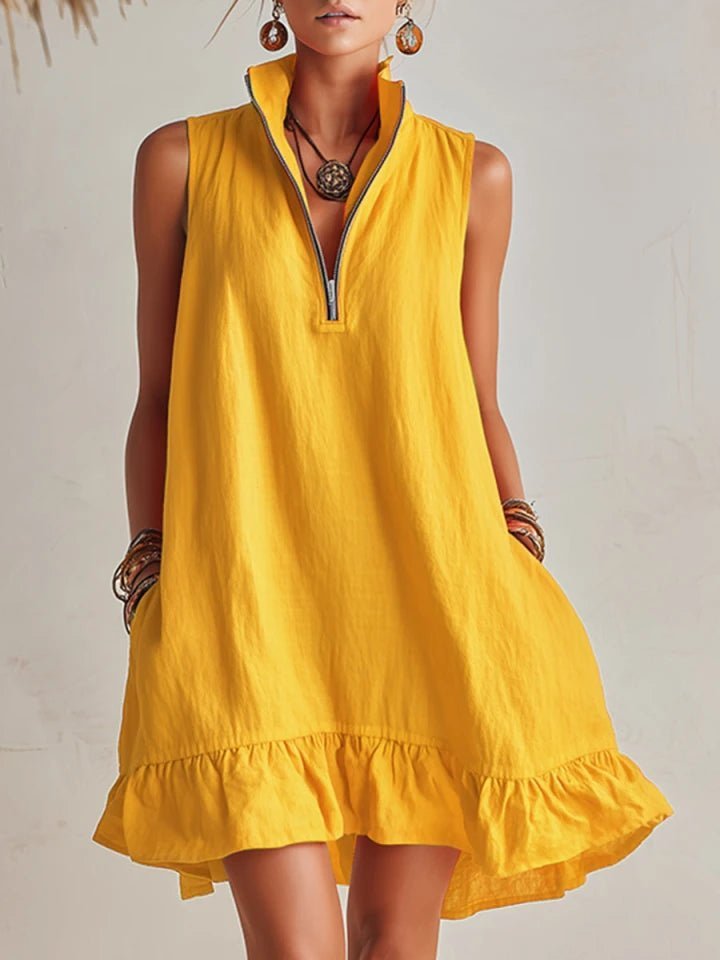 Charlotte | Women's Sleeveless Linen Stand-Collar Zip-Front Ruffle Mini Dress 4