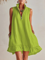 Charlotte | Women's Sleeveless Linen Stand-Collar Zip-Front Ruffle Mini Dress 5