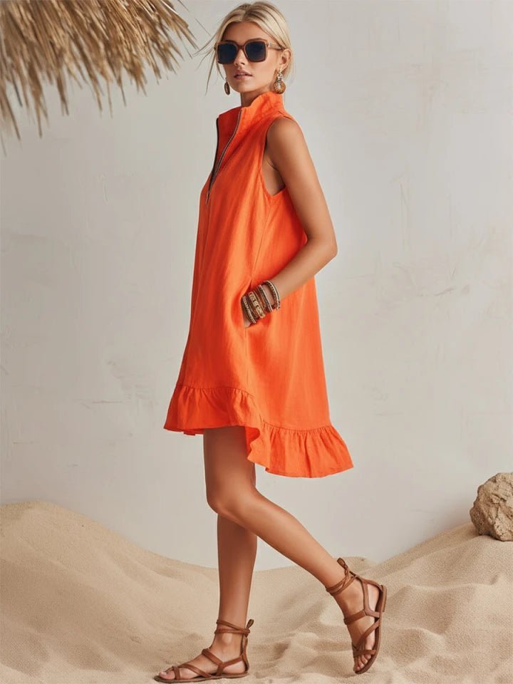 Charlotte | Women's Sleeveless Linen Stand-Collar Zip-Front Ruffle Mini Dress 7