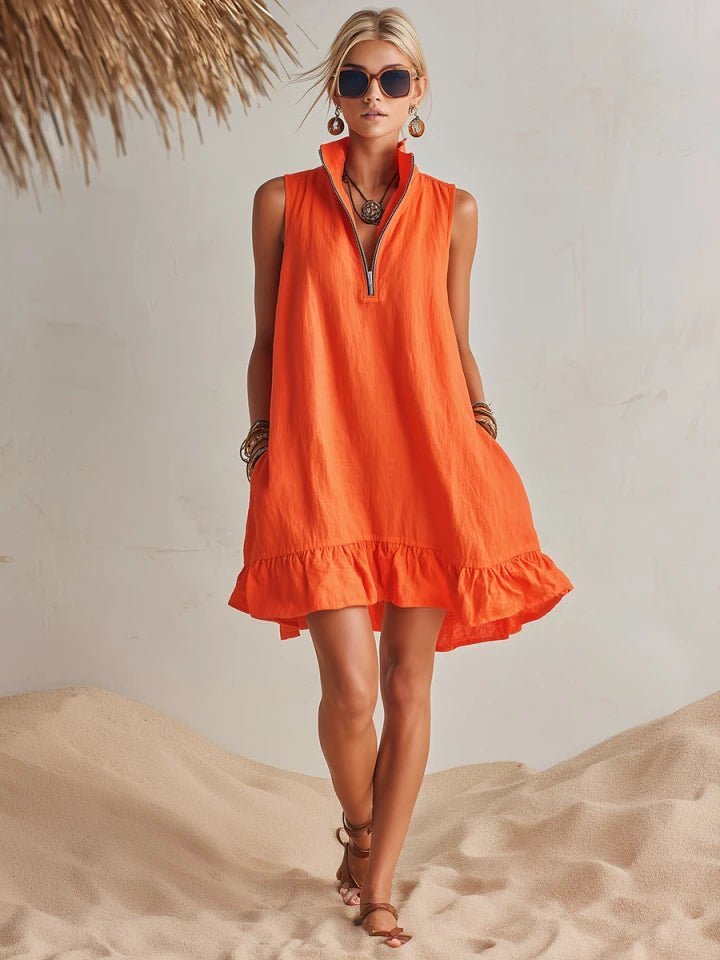 Charlotte | Women's Sleeveless Linen Stand-Collar Zip-Front Ruffle Mini Dress 8