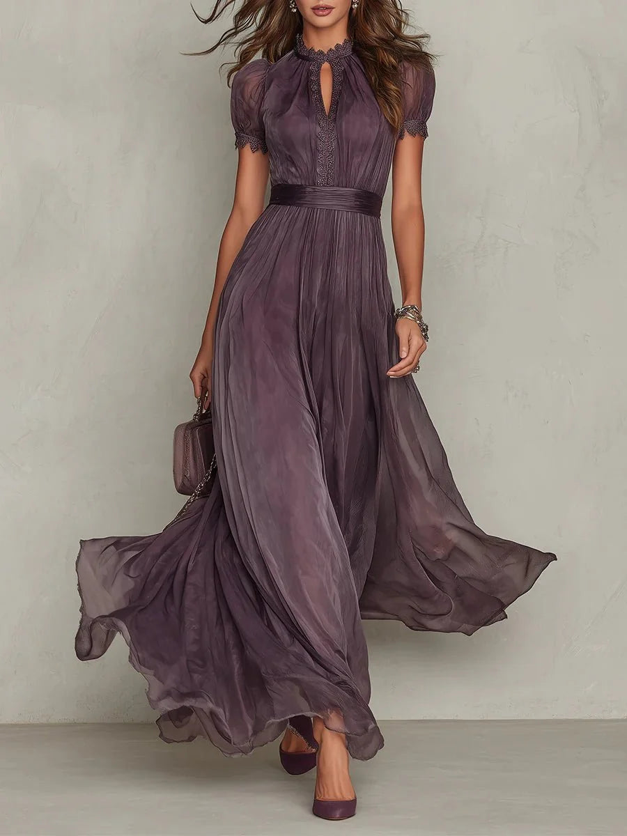 Clara | Damen Kurzarm Keyhole Maxi-Kleid mit fließendem Chiffon-Rock 0