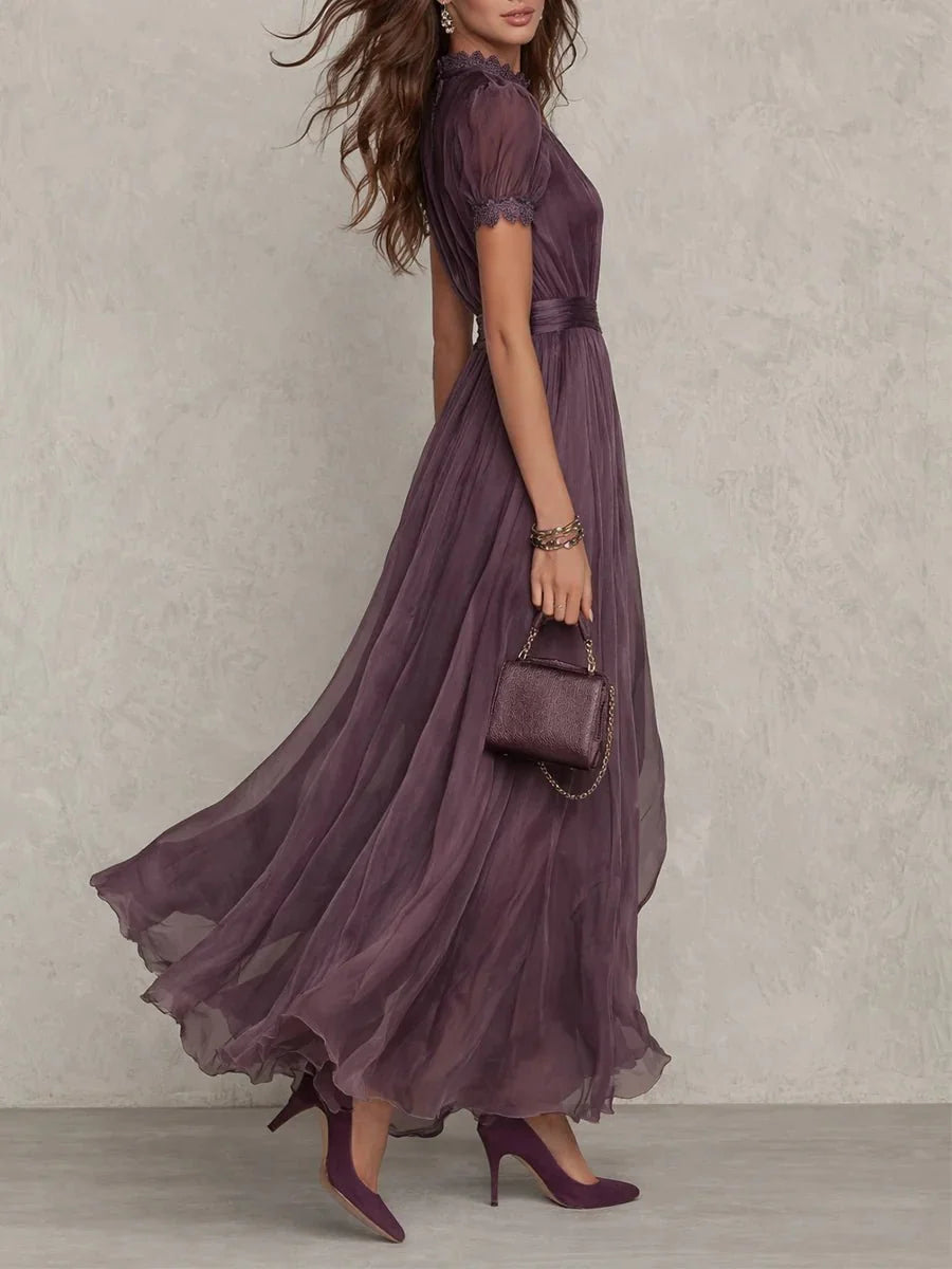 Clara | Damen Kurzarm Keyhole Maxi-Kleid mit fließendem Chiffon-Rock 1