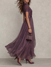 Clara | Damen Kurzarm Keyhole Maxi-Kleid mit fließendem Chiffon-Rock 1