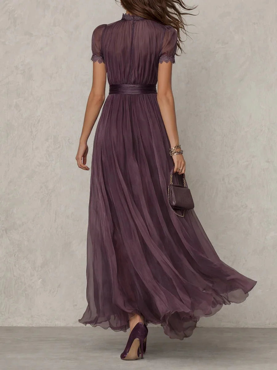 Clara | Damen Kurzarm Keyhole Maxi-Kleid mit fließendem Chiffon-Rock 2