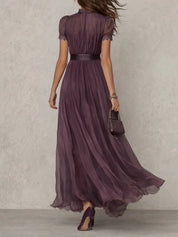 Clara | Damen Kurzarm Keyhole Maxi-Kleid mit fließendem Chiffon-Rock 2