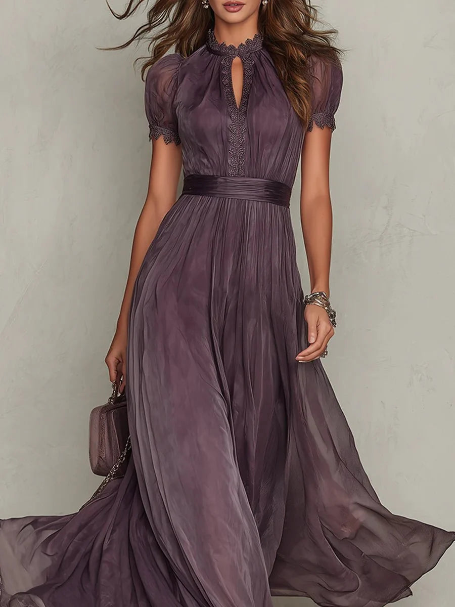 Clara | Damen Kurzarm Keyhole Maxi-Kleid mit fließendem Chiffon-Rock 3