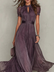 Clara | Damen Kurzarm Keyhole Maxi-Kleid mit fließendem Chiffon-Rock 3