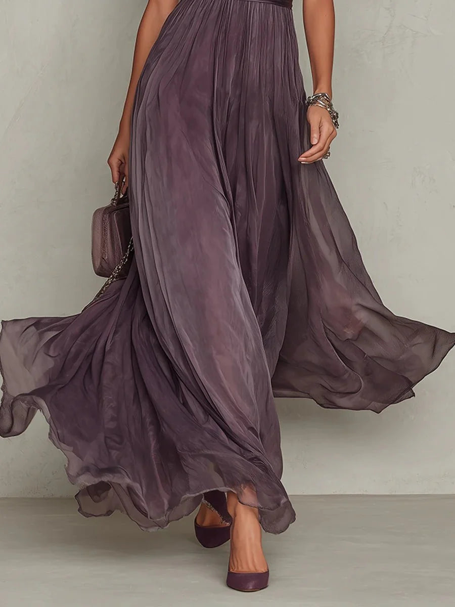 Clara | Damen Kurzarm Keyhole Maxi-Kleid mit fließendem Chiffon-Rock 4