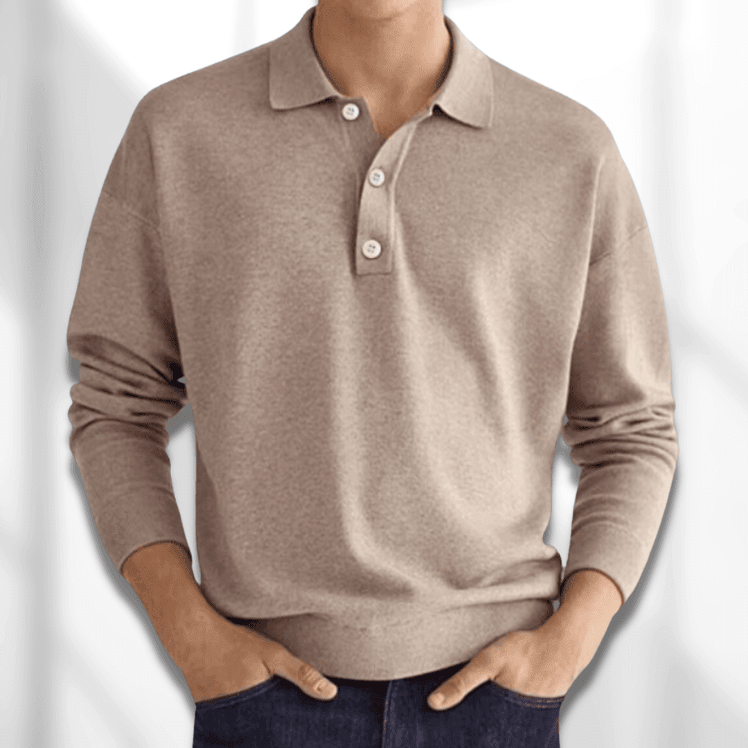 Men’s Polo Sweater - Knitted Texture - Long Sleeve - Classic 3-Button Collar-1