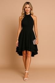 Elegant Women's Summer Cocktail Dress with Flared Hem and High Neck for Formal Events 0