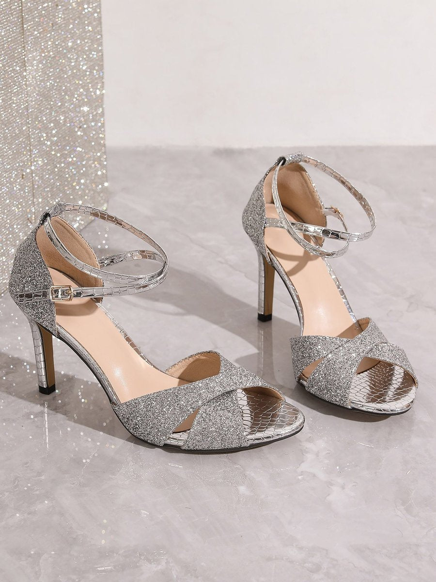 Emma | Women's Glitter Stiletto Ankle Strap Comfort Sandals Open Toe 7