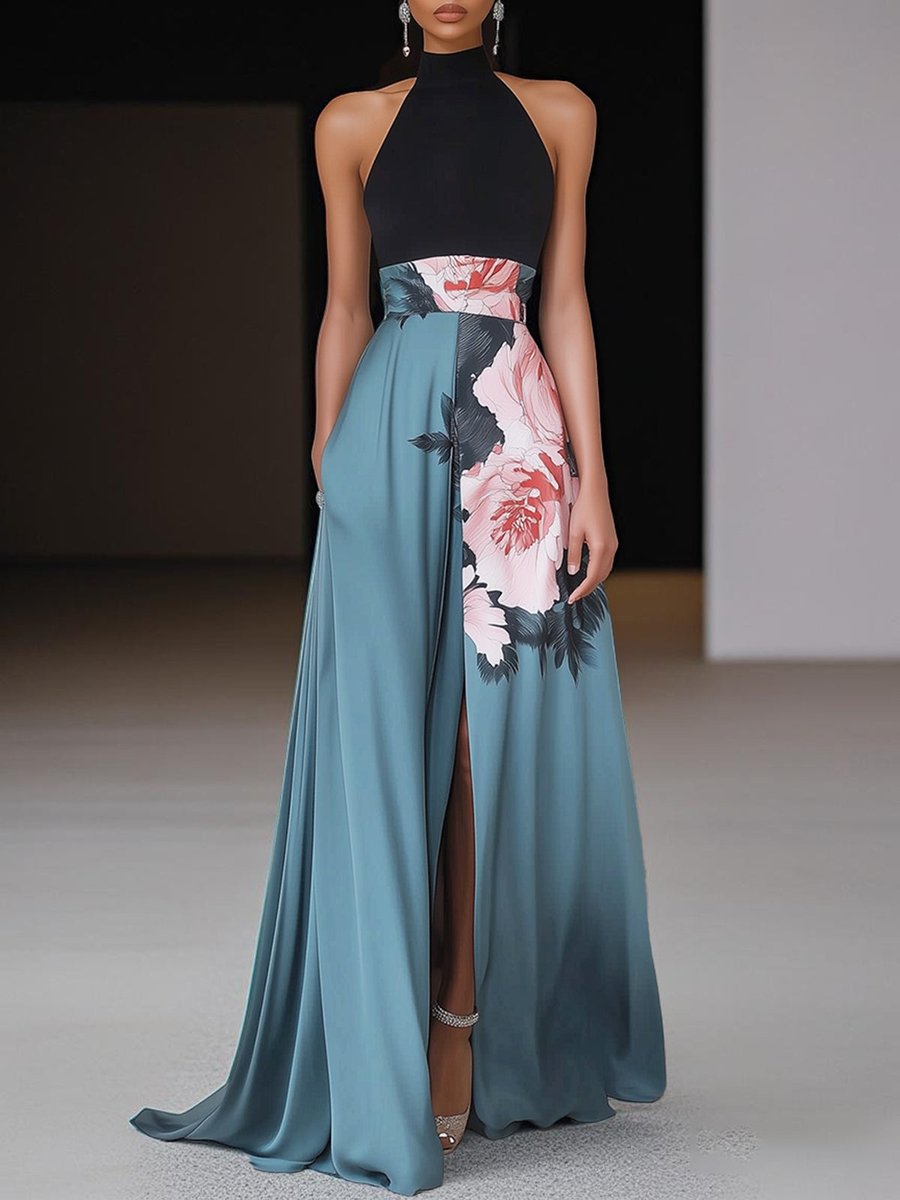 Grace | Women's Halter-Neck Floral A-Line Formal & Evening Dress Maxi Slit Gown 0