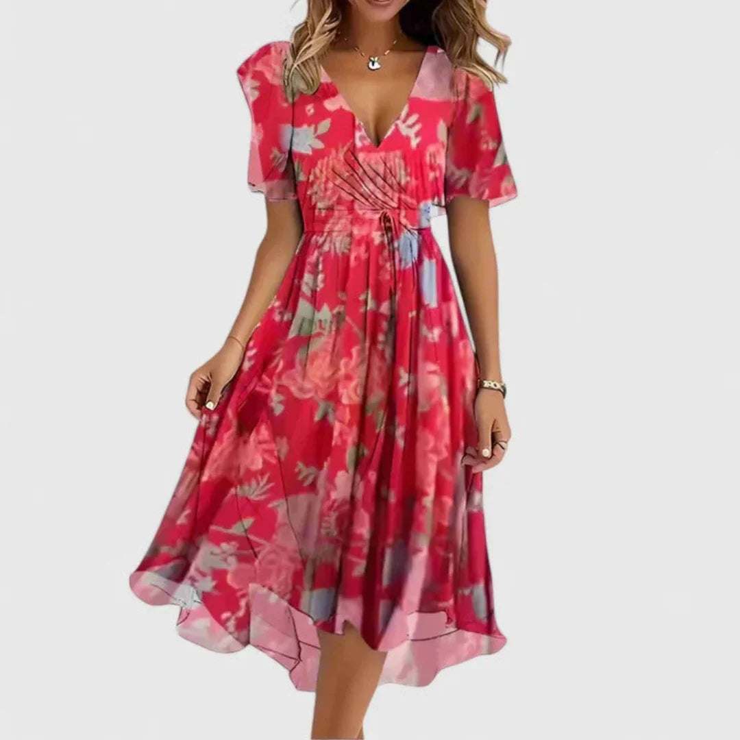 Helga | Damen Blumen V-Ausschnitt Midi Kleid 0