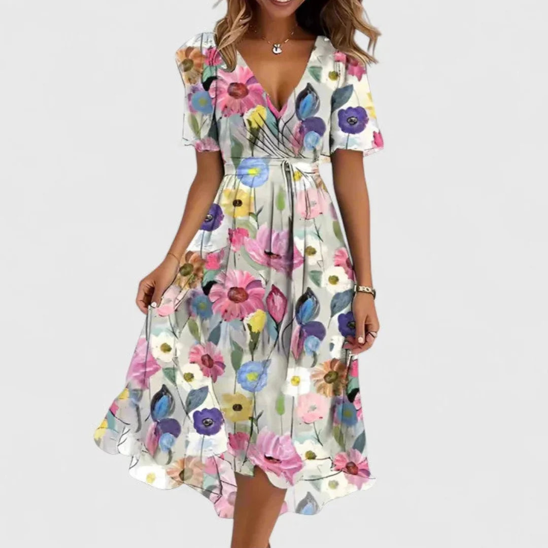 Helga | Damen Blumen V-Ausschnitt Midi Kleid 1