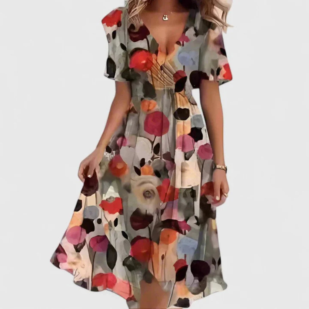 Helga | Damen Blumen V-Ausschnitt Midi Kleid 4