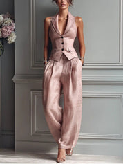 Isabella | Women's Linen Tailored Waistcoat Wide Leg Pants Two-Piece Set 0