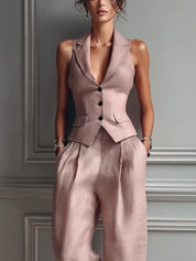Isabella | Women's Linen Tailored Waistcoat Wide Leg Pants Two-Piece Set 1