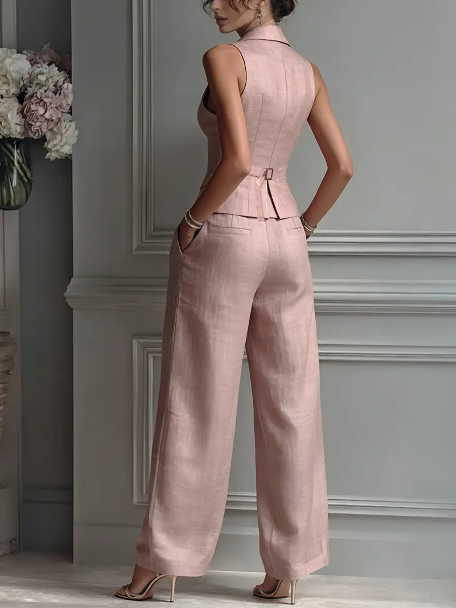 Isabella | Women's Linen Tailored Waistcoat Wide Leg Pants Two-Piece Set 3