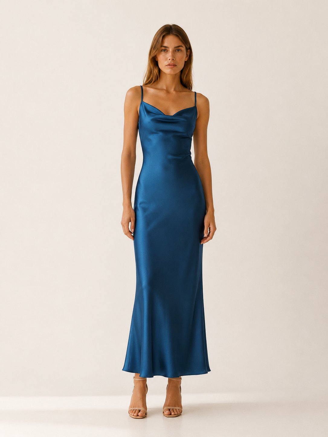 Layla | Women's Satin Cowl-Neck Sleeveless Maxi Dresses 4