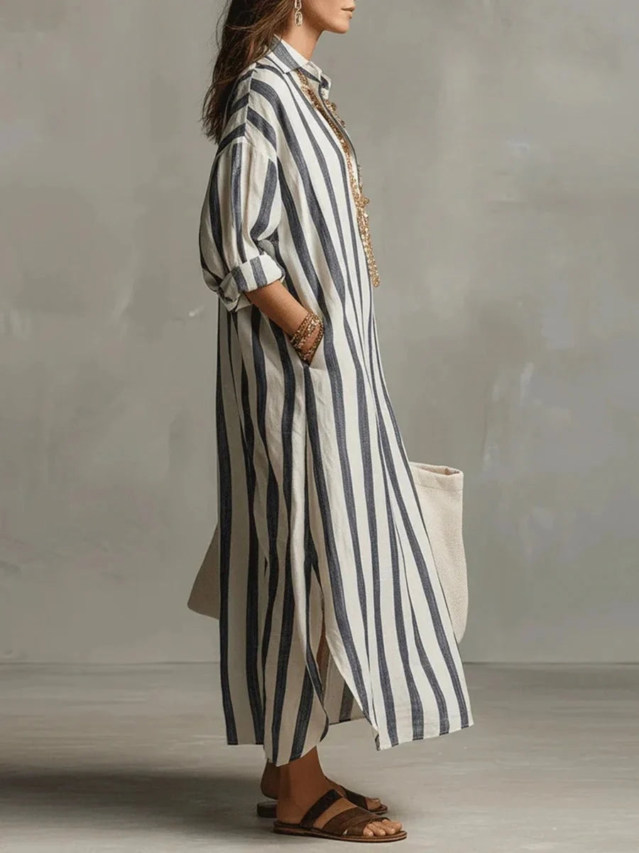 Luisa | Damen Linnen Gestreiftes Oversized Hemdkleid Maxi 1