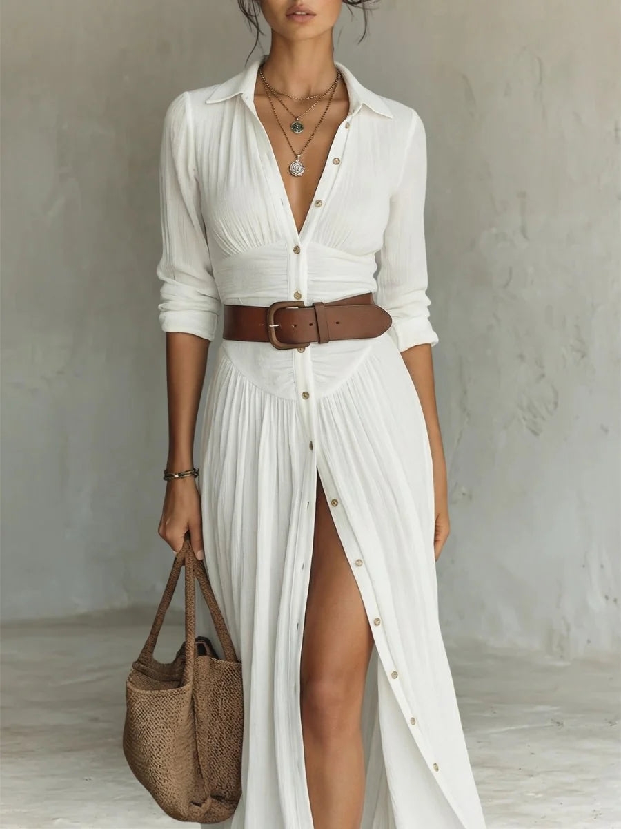 Marie | Damen Boho Maxi-Hemdblusenkleid mit Knopfleiste Gürtel 2