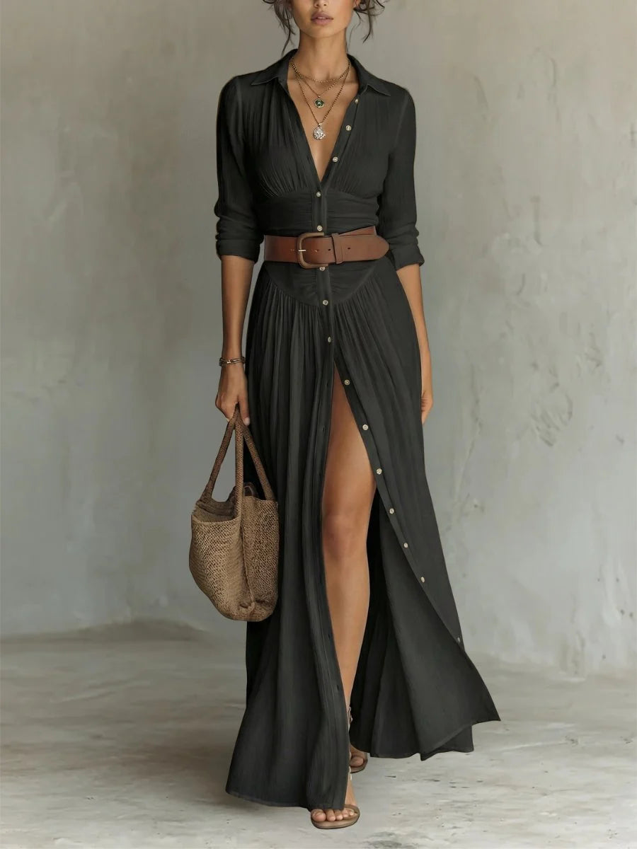 Marie | Damen Boho Maxi-Hemdblusenkleid mit Knopfleiste Gürtel 3