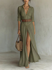 Marie | Damen Boho Maxi-Hemdblusenkleid mit Knopfleiste Gürtel 4