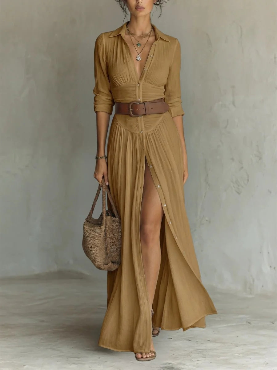 Marie | Damen Boho Maxi-Hemdblusenkleid mit Knopfleiste Gürtel 5